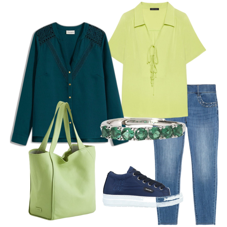 Outfit donna - Toni di verde. Stile Casual per Tutti i giorni. Abbinamento con bluse, sneakers, anelli, jeans skinny, bluse, shopping bag.