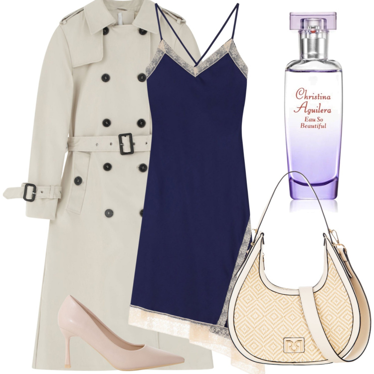 Outfit donna - Giorno e sera. Stile Chic per Tutti i giorni. Abbinamento con profumi, borse a mano, trench, décolleté, vestiti asimmetrici.