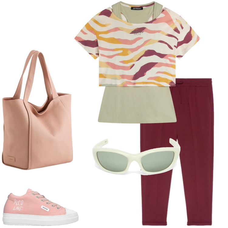 Outfit donna - Ruco line. Stile Basic per Sport. Abbinamento con sneakers, t-shirt, pantaloni, shopping bag, occhiali da sole.