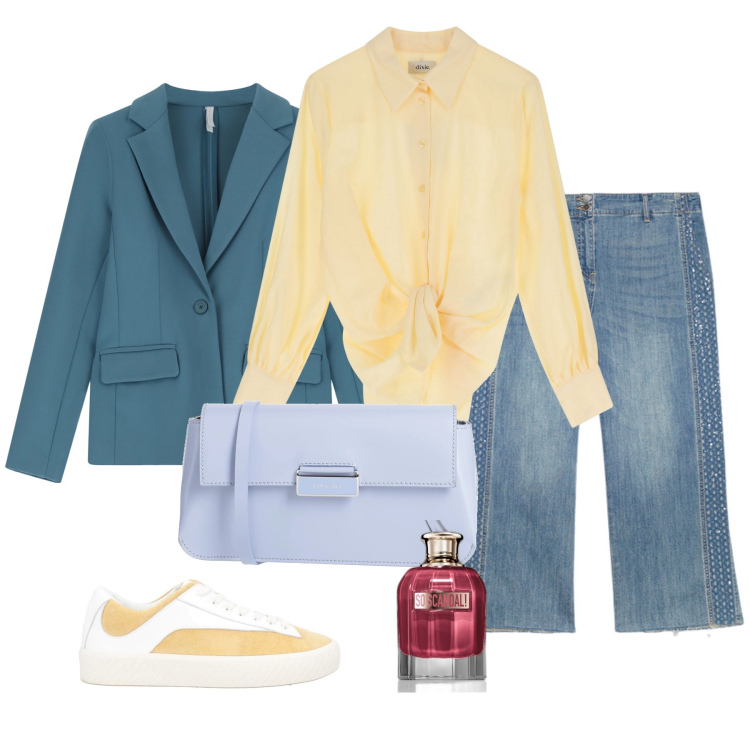 Outfit donna - Profumo jpg. Stile Casual chic per Tutti i giorni. Abbinamento con borse a tracolla, sneakers, profumi, blazer, camicie, jeans strappati.