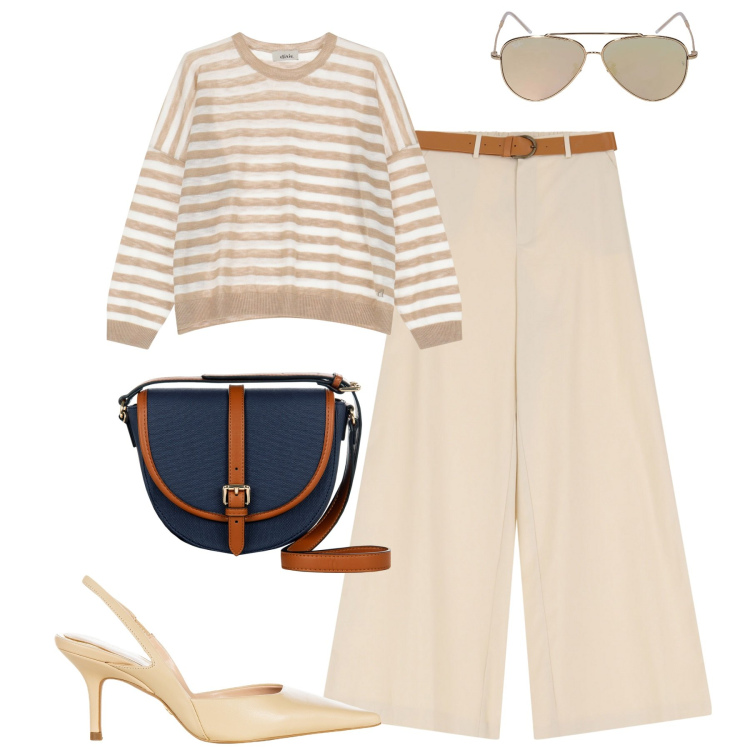 Outfit donna - City. Stile Urban per Tutti i giorni. Abbinamento con maglieria, pantaloni, borse a tracolla, décolleté, occhiali da sole.