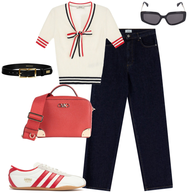 Outfit donna - City. Stile Casual per Tutti i giorni. Abbinamento con borse a tracolla, cinture, jeans dritti, maglieria, occhiali da sole, sneakers.