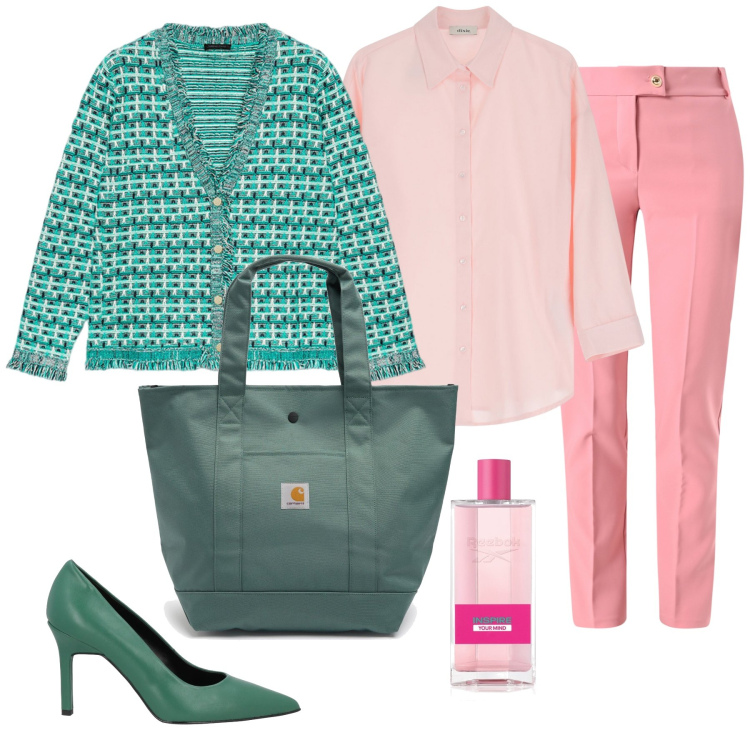 Outfit donna - Green and rose. Stile Casual chic per Serata fuori. Abbinamento con décolleté, profumi, pantaloni, camicie, cardigans, borse tote.