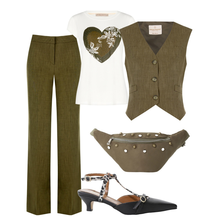 Outfit donna - In città. Stile Casual chic per Tutti i giorni. Abbinamento con pantaloni a palazzo, gilet, t-shirt, décolleté, marsupi.