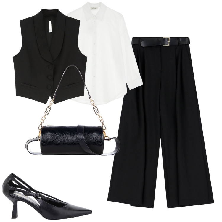 Outfit donna - Da mattina a sera. Stile Urban per Tutti i giorni. Abbinamento con borse a mano, gilet, pantaloni a palazzo, camicie, décolleté.