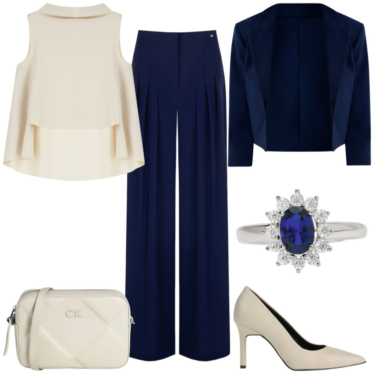 Outfit donna - Cerimonia Mannish. Stile Mannish per Cerimonia. Abbinamento con décolleté, borse a tracolla, anelli, bolero, pantaloni a palazzo, top.