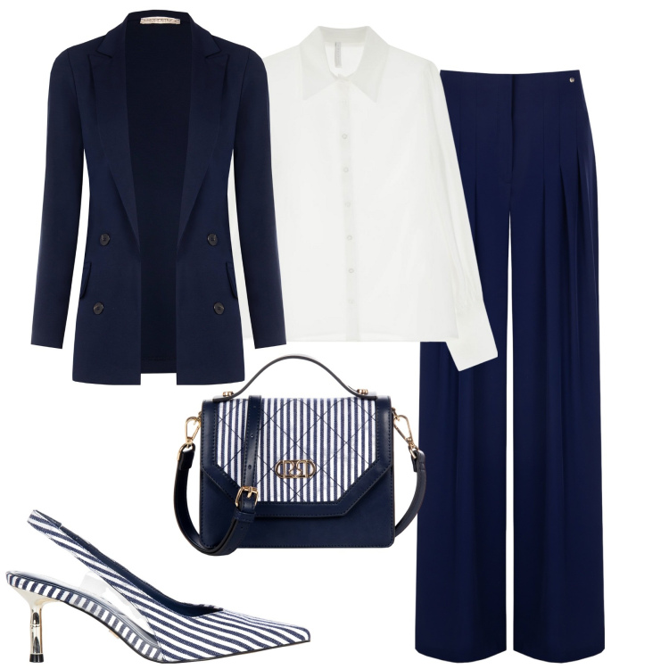 Outfit donna - Un tocco mariniere. Stile Chic per Serata fuori. Abbinamento con camicie, blazer, pantaloni a palazzo, décolleté, borse a mano.