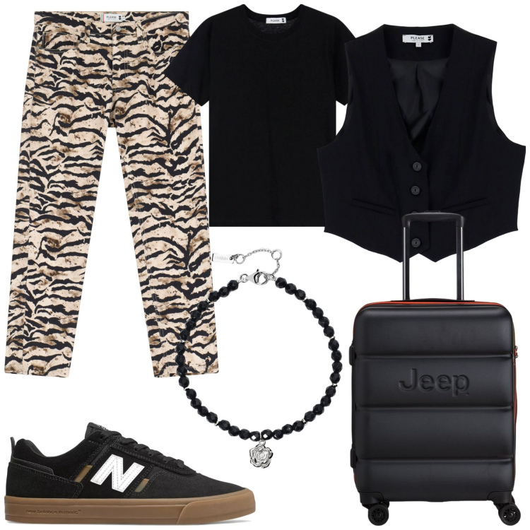 Outfit donna - Please Saint Tropez. Stile Trendy per Tutti i giorni. Abbinamento con braccialetti, sneakers, pantaloni chino, t-shirt, gilet, valigie.