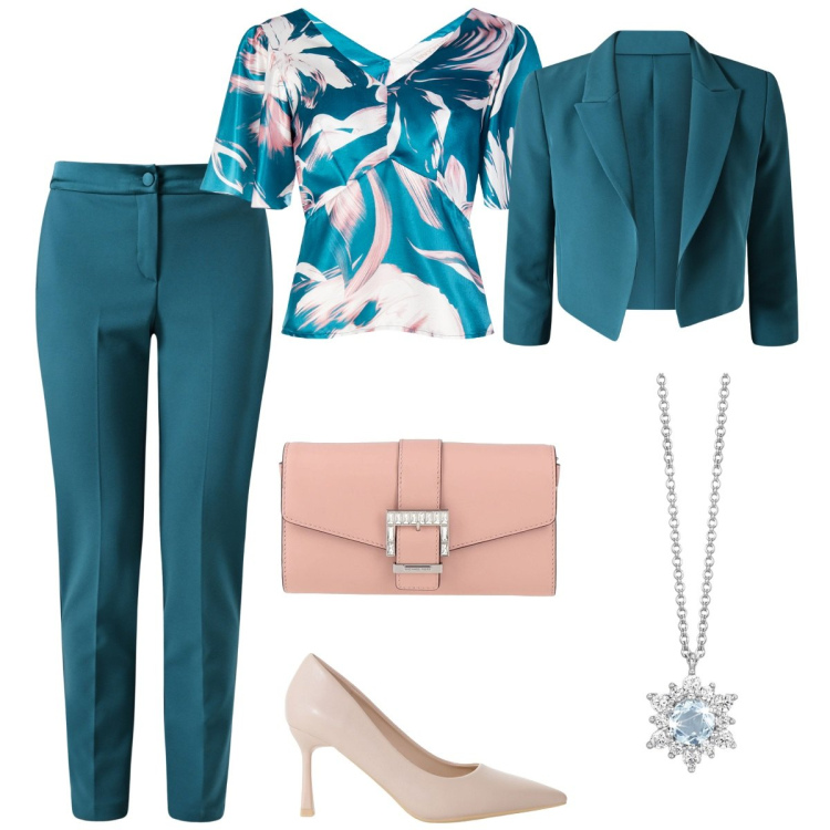 Outfit donna - Total look #2087310. Stile Chic per Cerimonia. Abbinamento con borse a mano, décolleté, collane, bluse, pantaloni, blazer.