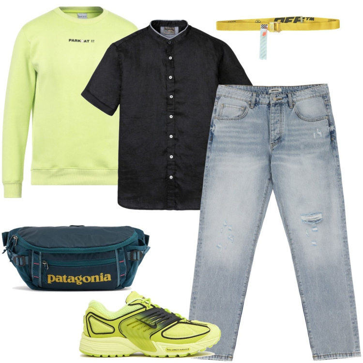 Outfit uomo - Un po’ di giallo. Stile Urban per Tutti i giorni. Abbinamento con camicie a manica corta, cinture, felpe, jeans strappati, sneakers, borse sportive.