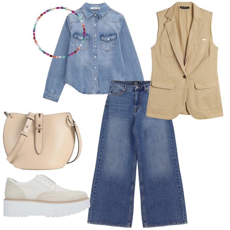 Outfit donna - Confort. per Tutti i giorni. Abbinamento con scarpe stringate, borse a tracolla, collane, camicie, gilet, jeans a zampa.
