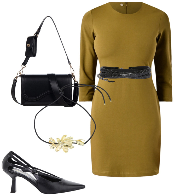 Outfit donna - Aperitivo. Stile Trendy per Serata fuori. Abbinamento con collane, décolleté, vestiti a tubino, pochette, cinture.