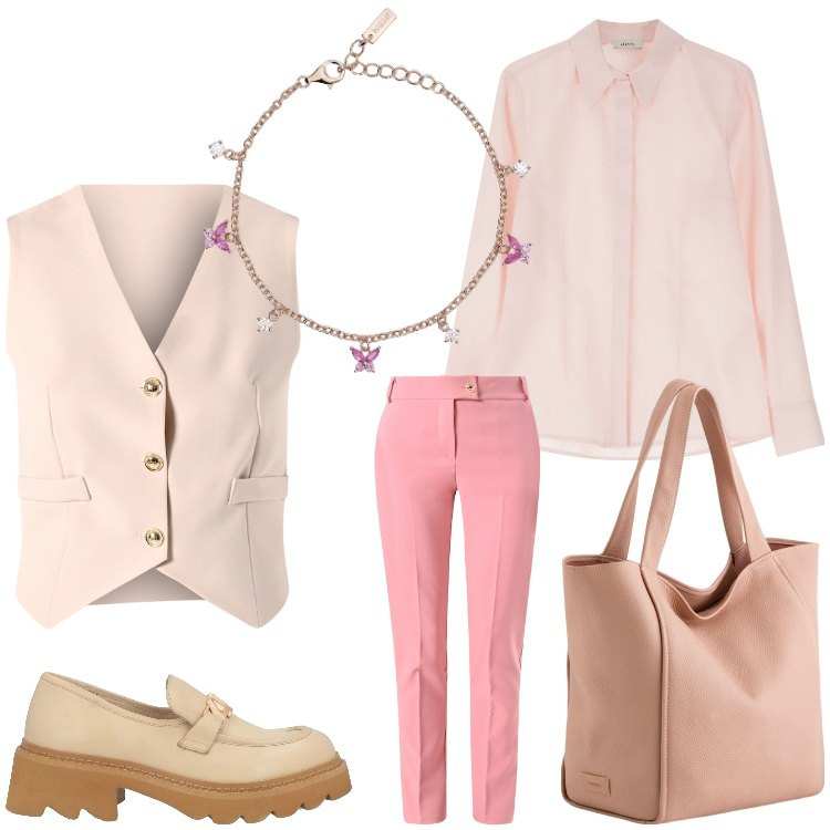Outfit donna - Modalita´rosa. Stile Mannish per Ufficio. Abbinamento con mocassini, pantaloni, gilet, braccialetti, camicie, shopping bag.