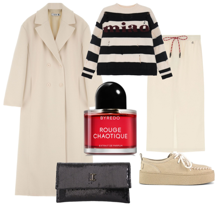 Outfit donna - Rouge chaotique. Stile Sporty chic per Tutti i giorni. Abbinamento con profumi, cappotti, borse a tracolla, pullovers, gonne longuette, mocassini.
