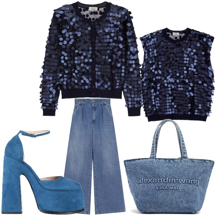 Outfit donna - Jeans e paillettes. Stile Casual chic per Serata fuori. Abbinamento con décolleté, jeans, cardigans, top, borse a tracolla.