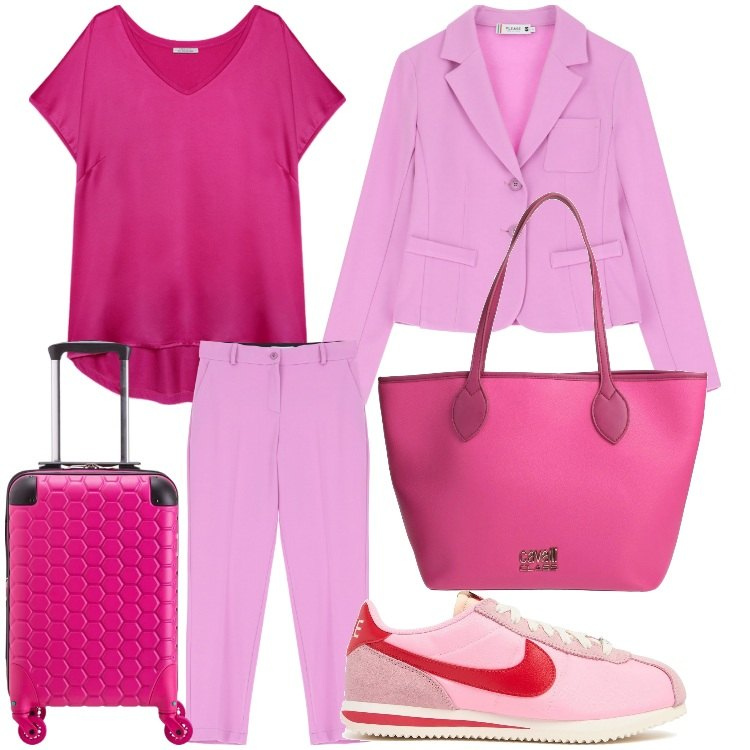 Outfit donna - Un viaggio di lavoro. Stile Casual chic per Ufficio. Abbinamento con borse a spalla, pantaloni, blazer, t-shirt, valigie, sneakers.