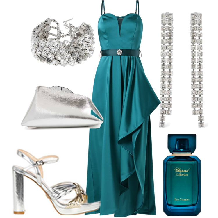 Outfit donna - Matrimonio. Stile Glamour per Cerimonia. Abbinamento con profumi, vestiti lunghi, sandali in pelle, pochette, orecchini, collane.