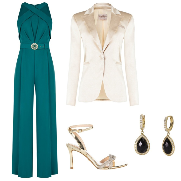 Outfit donna - Cerimonia di primavera. Stile Bon Ton per Cerimonia. Abbinamento con orecchini, tute, blazer, sandali col tacco.