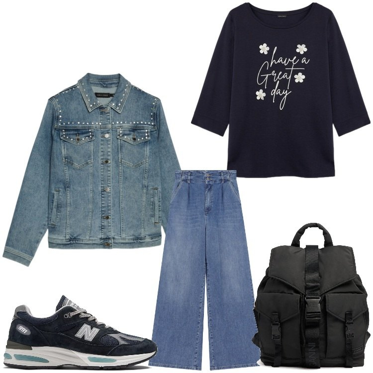 Outfit donna - Buona giornata. Stile Casual per Tutti i giorni. Abbinamento con sneakers, jeans, t-shirt, zaini, blazer.