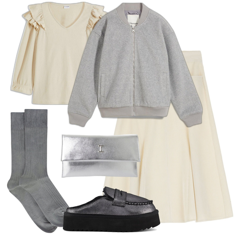 Outfit donna - Street style. Stile Trendy per Tutti i giorni. Abbinamento con maglieria, bomber, pochette, gonne longuette, mocassini, calzini.