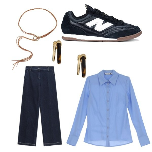 Outfit donna - Total look #2087367. Stile Casual per Tutti i giorni. Abbinamento con camicie, jeans dritti, sneakers, cinture, orecchini.