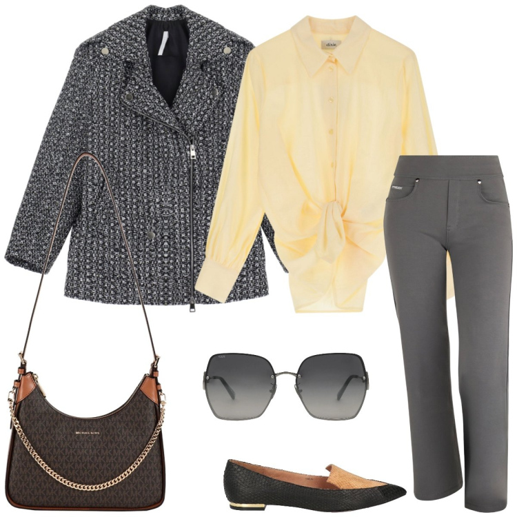 Outfit donna - Total look #2087371. Stile Casual chic per Tutti i giorni. Abbinamento con borse a tracolla, occhiali da sole, mocassini, blazer, pantaloni, camicie.