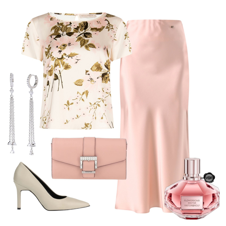 Outfit donna - Candida in rosa. Stile Bon Ton per Cerimonia. Abbinamento con décolleté, borse a mano, profumi, orecchini, bluse, gonne.