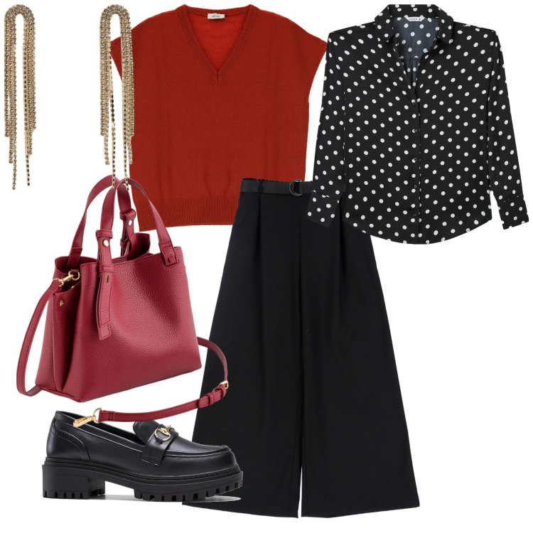 Outfit donna - Per tutti i giorni. per Tutti i giorni. Abbinamento con mocassini, camicie, orecchini, pantaloni, gilet, borse a mano.