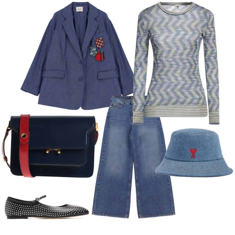 Outfit donna - In città su per affollata. per Tutti i giorni. Abbinamento con borse a tracolla, pullovers, jeans a zampa, blazer, ballerine, cappelli.