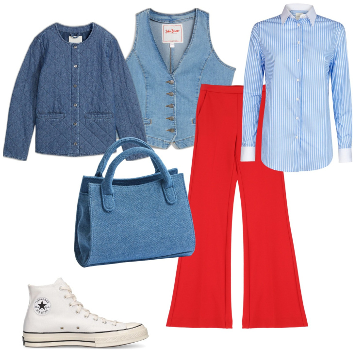 Outfit donna - Jeansomania. per Scuola/Università. Abbinamento con gilet, blazer, borse a tracolla, pantaloni, sneakers, camicie.