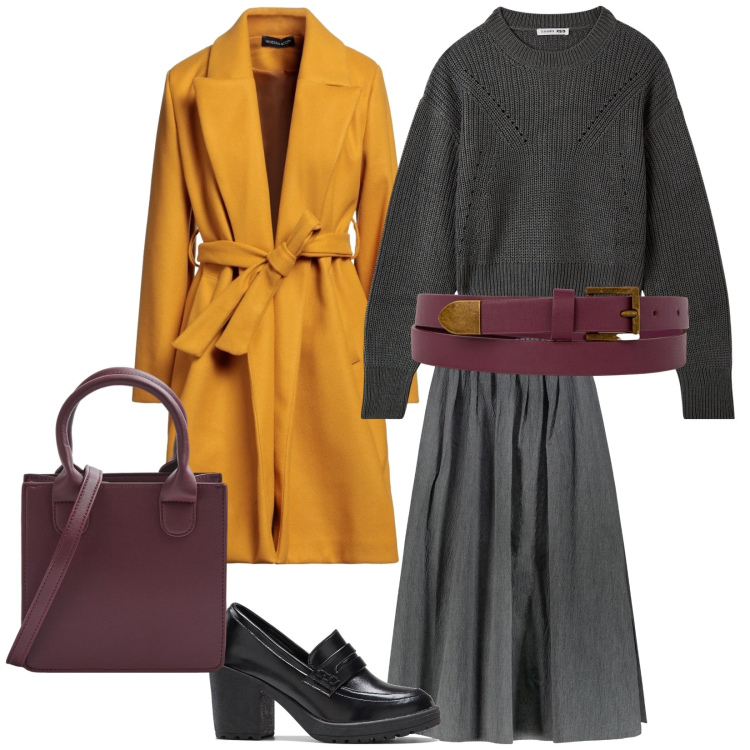 Outfit donna - Si sta ancora bene con il cappotto. per Tutti i giorni. Abbinamento con mocassini, cappotti, shopping bag, maglieria, gonne, cinture.