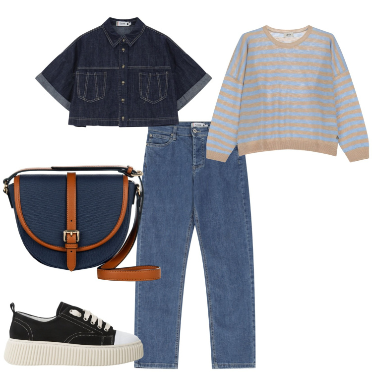 Outfit donna - A scuola. per Scuola/Università. Abbinamento con borse a tracolla, jeans dritti, blazer, sneakers, maglieria.