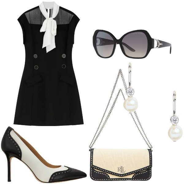 Outfit donna - chanel style. Stile Bon Ton per Ufficio. Abbinamento con vestiti corti, occhiali da sole, décolleté, orecchini, borse a spalla.