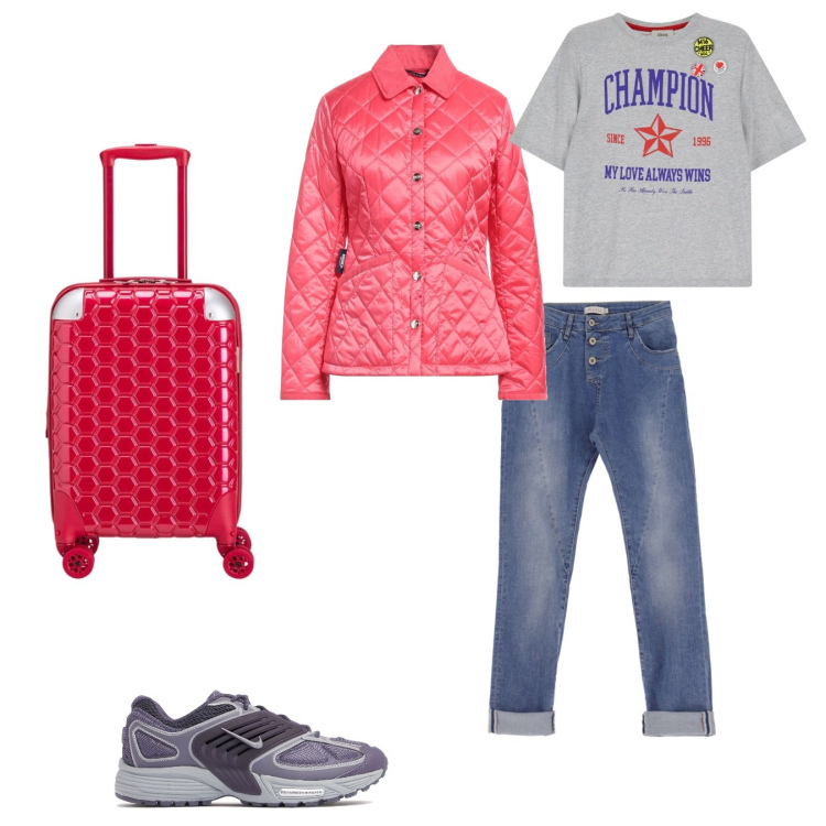 Outfit donna - Viaggiamo. Stile Sporty chic per Sport. look ideale per Tall. Abbinamento con piumini, jeans slim fit, t-shirt, sneakers, valigie.