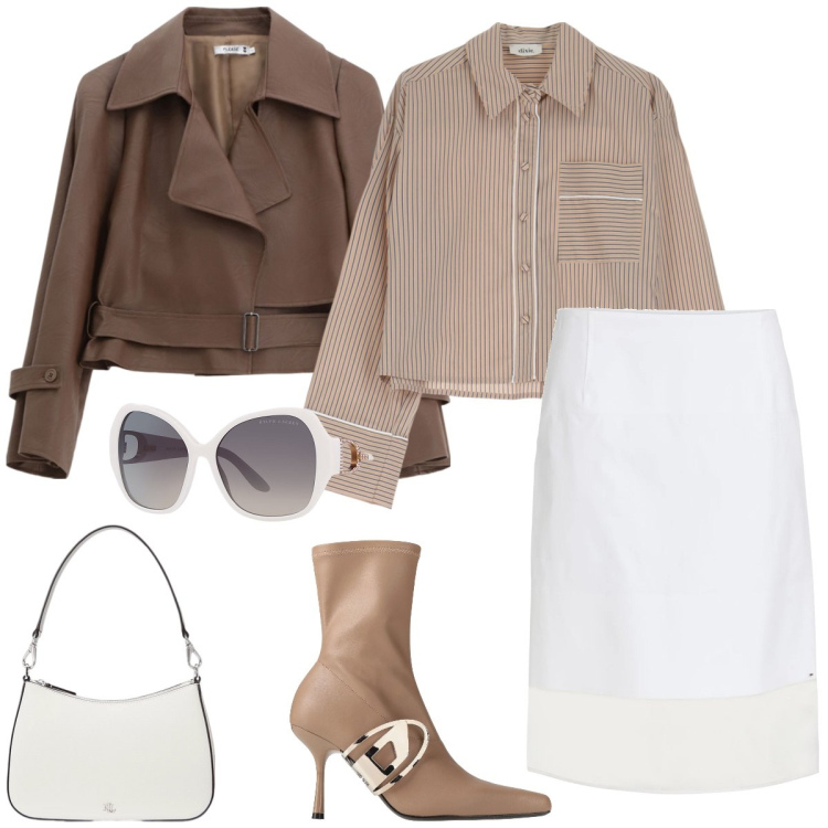 Outfit donna - Total look #2087397. Stile Chic per Ufficio. Abbinamento con stivaletti, gonne longuette, blazer, camicie, occhiali da sole, borse a spalla.