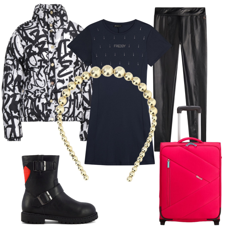 Outfit donna - Giubbotto graffiti. Stile Casual chic per Tutti i giorni. Abbinamento con piumini, cerchietti, vestiti, treggings, stivaletti, valigie.