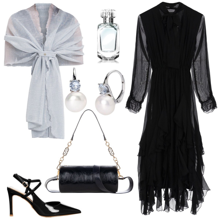 Outfit donna - Total look #2087404. Stile Chic per Serata fuori. Abbinamento con profumi, orecchini, stole, décolleté, borse a mano, vestiti lunghi.