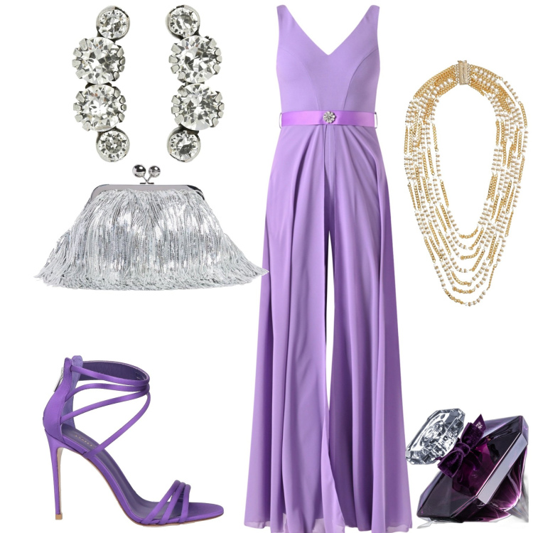 Outfit donna - Total look #2087408. Stile Glamour per Cerimonia. Abbinamento con sandali in pelle, profumi, tute, orecchini, collane, pochette.