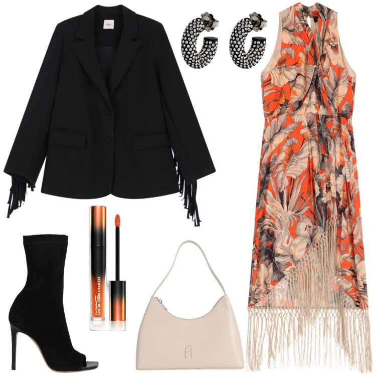 Outfit donna - Total look #2087410. Stile Chic per Serata fuori. Abbinamento con orecchini, borse a mano, stivaletti, rossetti, blazer, vestiti midi/longuette.