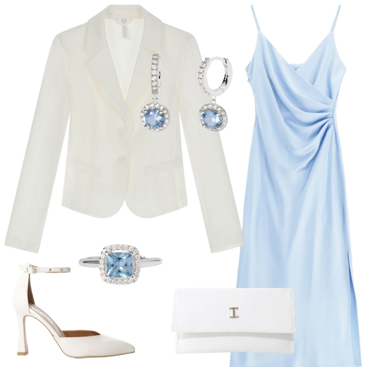 Outfit donna - Evento di primavera. Stile Chic Abbinamento con anelli, orecchini, vestiti midi/longuette, borse a tracolla, blazer, décolleté.