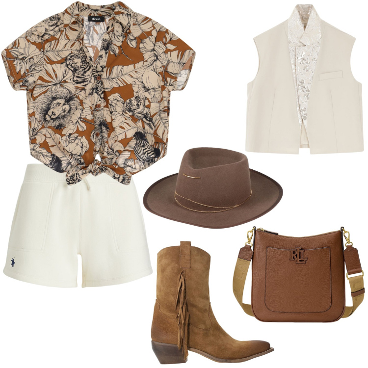 Outfit donna - Stile trendy. Stile Trendy per Tutti i giorni. Abbinamento con cappelli, gilet, borse a tracolla, shorts, camicie a manica corta, stivali.