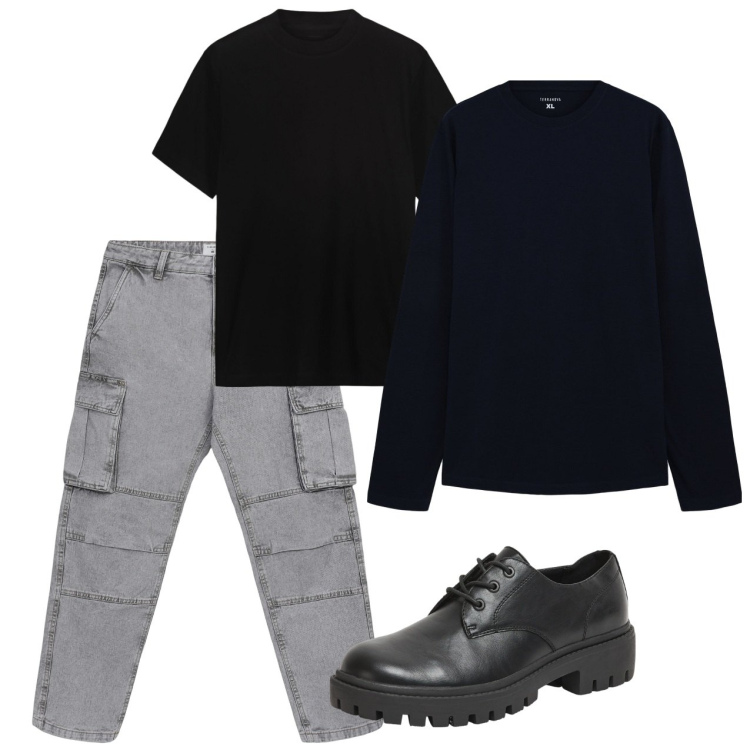 Outfit uomo - Serata rock. Stile Biker Rock per Serata speciale. Abbinamento con t-shirt, jeans, scarpe stringate, t-shirt.