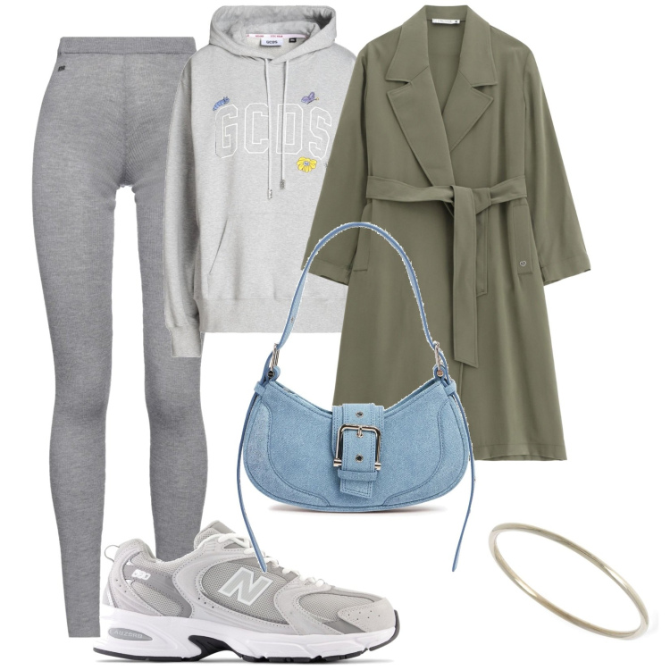 Outfit donna - New Bee. Stile Casual per Tutti i giorni. Abbinamento con felpe con cappuccio, leggings, scarpe sportive, trench, borse a spalla, anelli.
