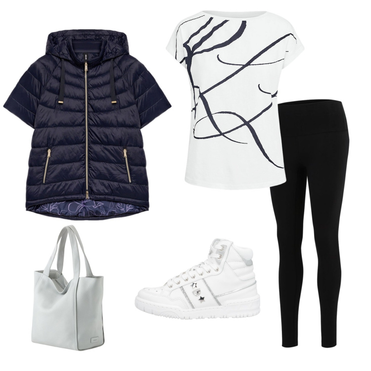 Outfit donna - Marzo...in comodità. Stile Casual per Scuola/Università. Abbinamento con sneakers alte, leggings, maglieria, piumini, shopping bag.