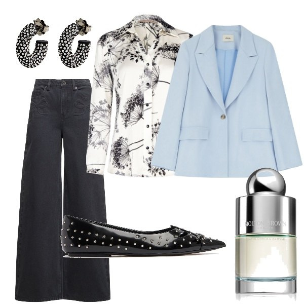 Outfit donna - Aspettando la primavera. Stile Casual chic per Tutti i giorni. Abbinamento con orecchini, profumi, camicie, blazer, jeans, ballerine.