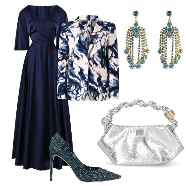 Outfit donna - Matrimonio in vista. Stile Glamour per Cerimonia. Abbinamento con décolleté, vestiti midi/longuette, blazer, borse a mano, orecchini.