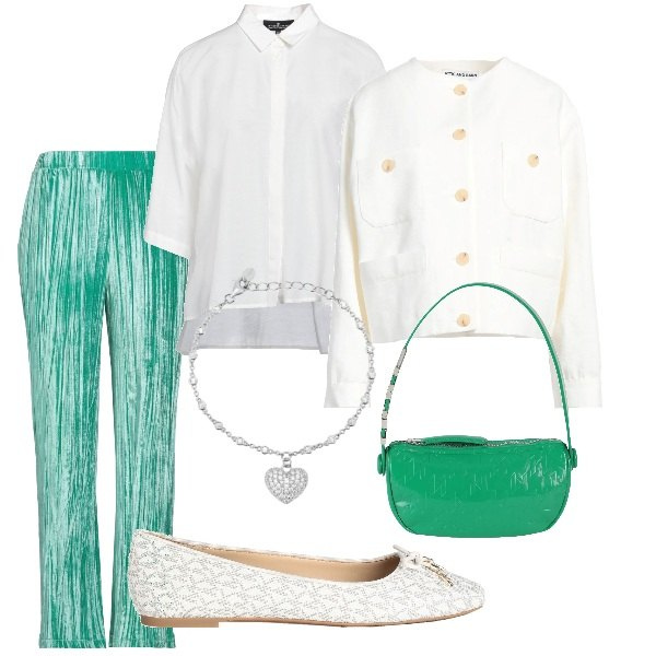 Outfit donna - Aspettando la primavera. Stile Casual chic per Serata fuori. Abbinamento con pantaloni, ballerine, blazer, borse a mano, camicie, braccialetti.