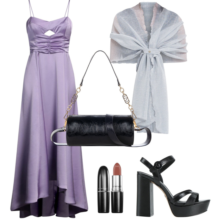 Outfit donna - Abito lungo lilla. Stile Chic per Serata fuori. Abbinamento con vestiti asimmetrici, sandali in pelle, rossetti, stole, borse a mano.