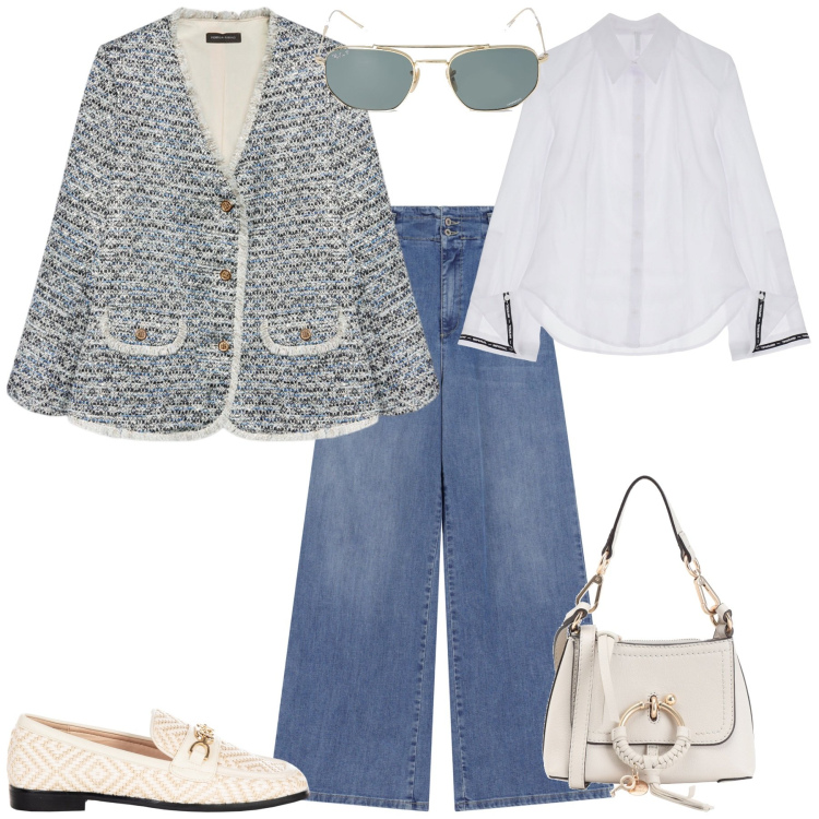 Outfit donna - Total look #2087469. Stile Sporty chic per Tutti i giorni. Abbinamento con borse a tracolla, mocassini, jeans, camicie, blazer, occhiali da sole.