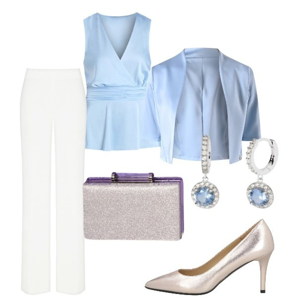 Outfit donna - Matrimonio in vista. Stile Glamour per Cerimonia. Abbinamento con décolleté, pantaloni a palazzo, bolero, top, pochette, orecchini.